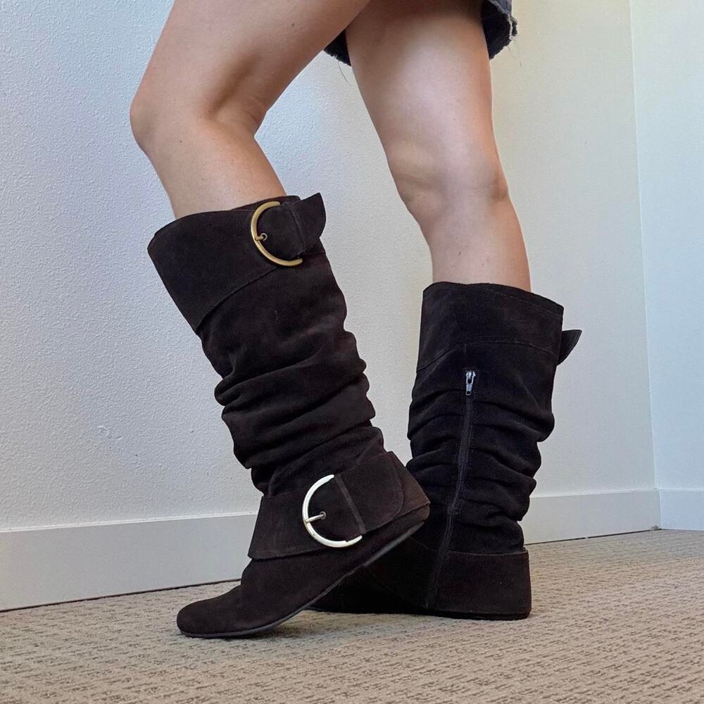Naughty monkey y2k slouchy brown suede boots with buckle detail - Picture 2 of 8